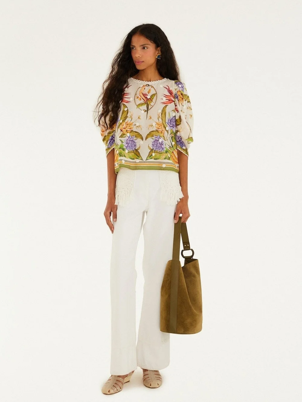 Farm Rio Floral Embroidered Ivory Puff-Sleeve Top